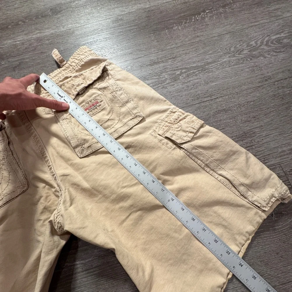 True Religion Cargo Shorts Mens 34 Cotton Big T Stitch Khaki Relaxed Y2K 36x12